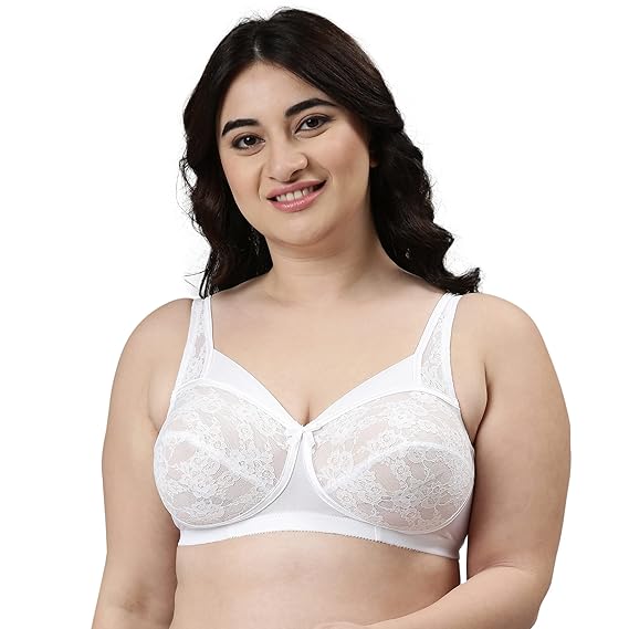 Enamor FB06 Women's Nylon Full Support Classic Lace Lift Bra – Non-Padded, Wirefree, High Coverage
